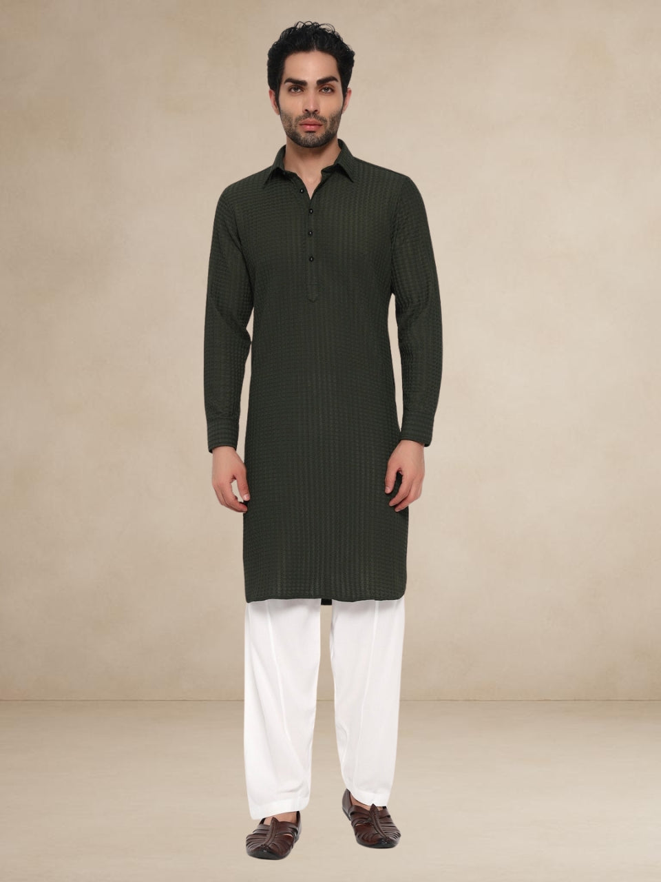 Olive Green Waffle-Textured Pathani Suit