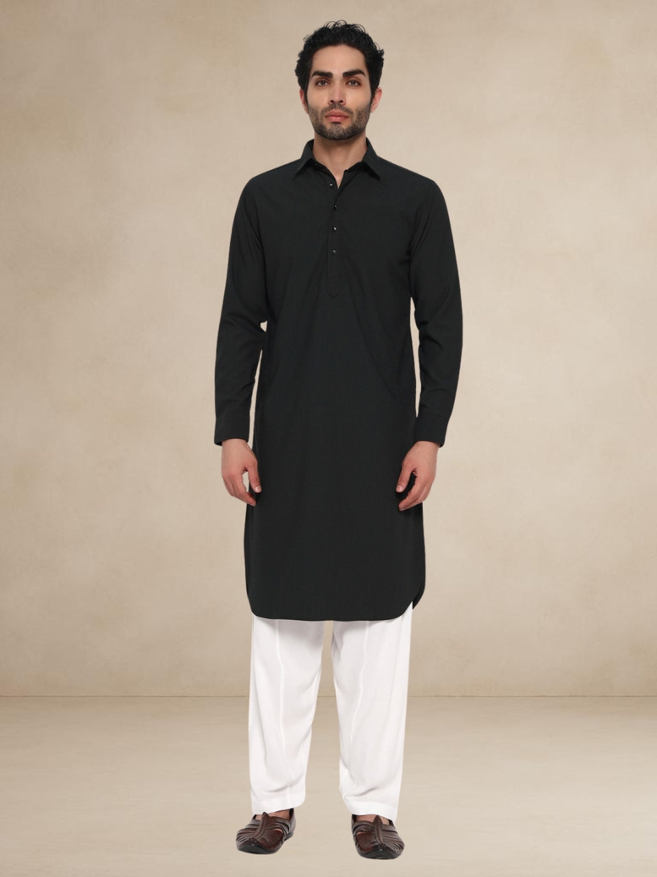 Black Textured Button-Up Pathani Suit