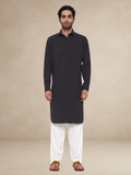 Plain Charcoal Grey Textured Button-Up Pathani Suit