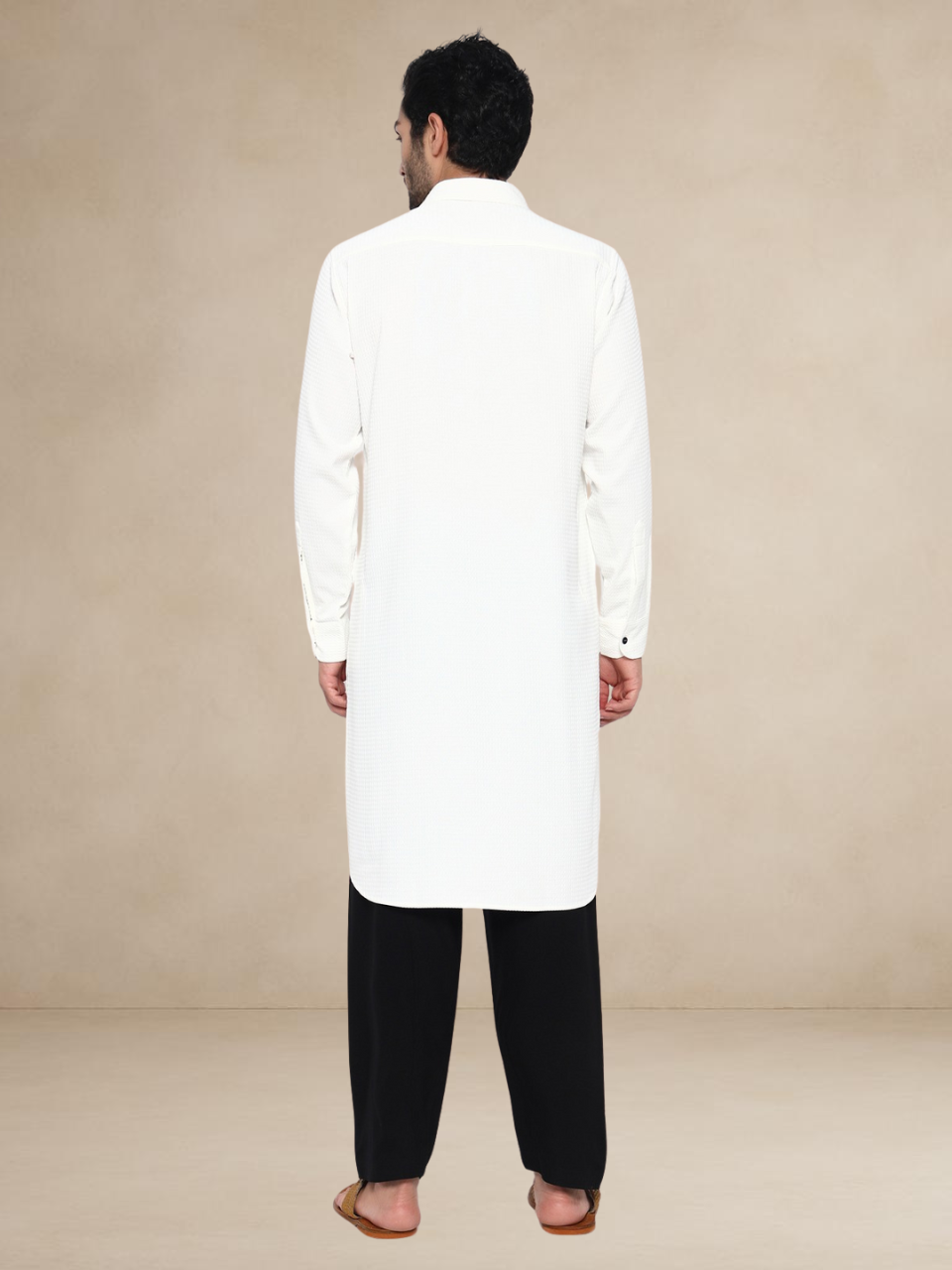 Plain White Textured Button-Up Pathani Suit