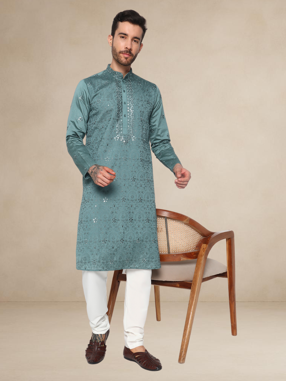 Pista Green Embroidered Kurta Pyjama Set for Men