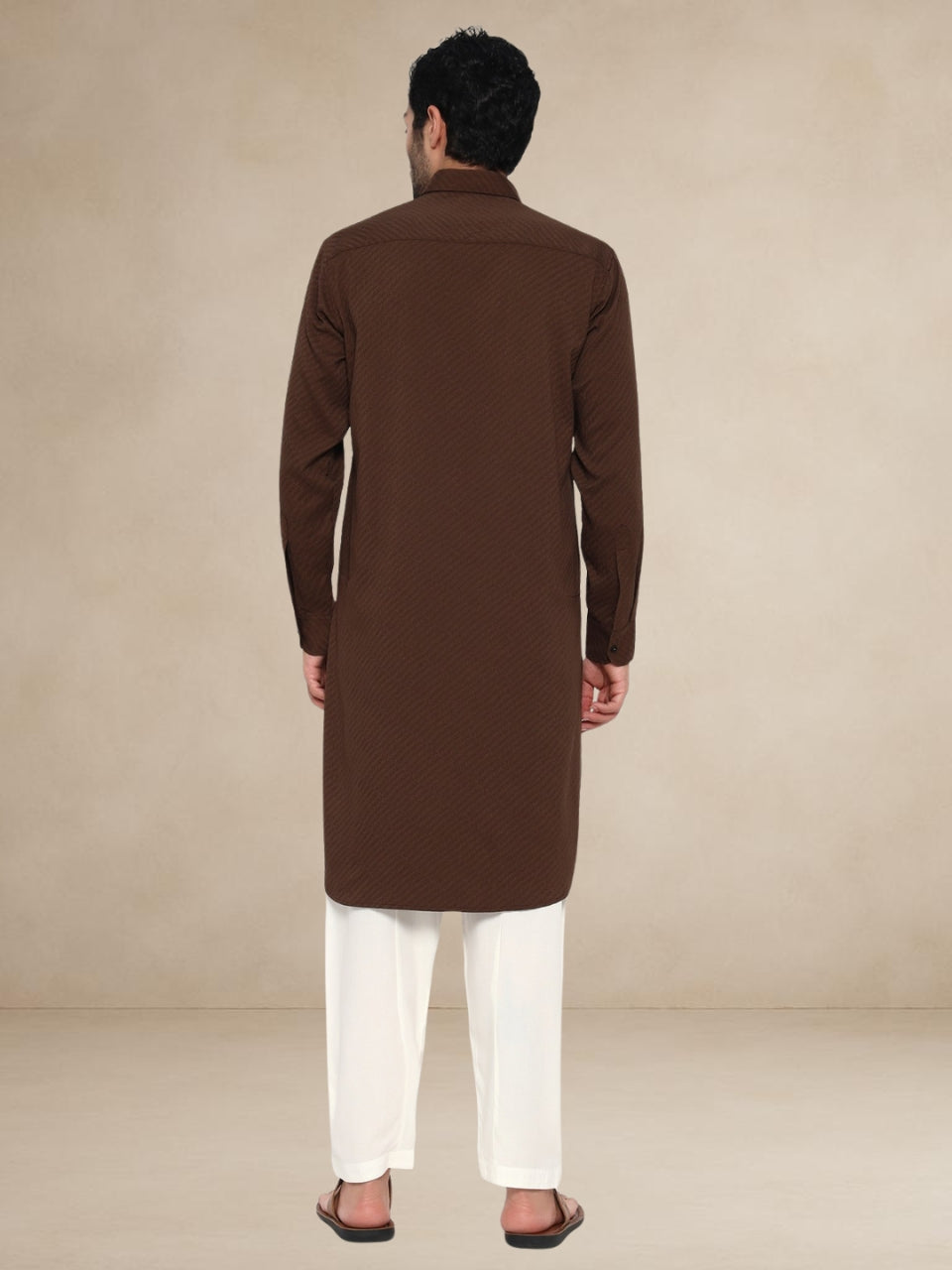 Brown Textured Button-Up Pathani Suit