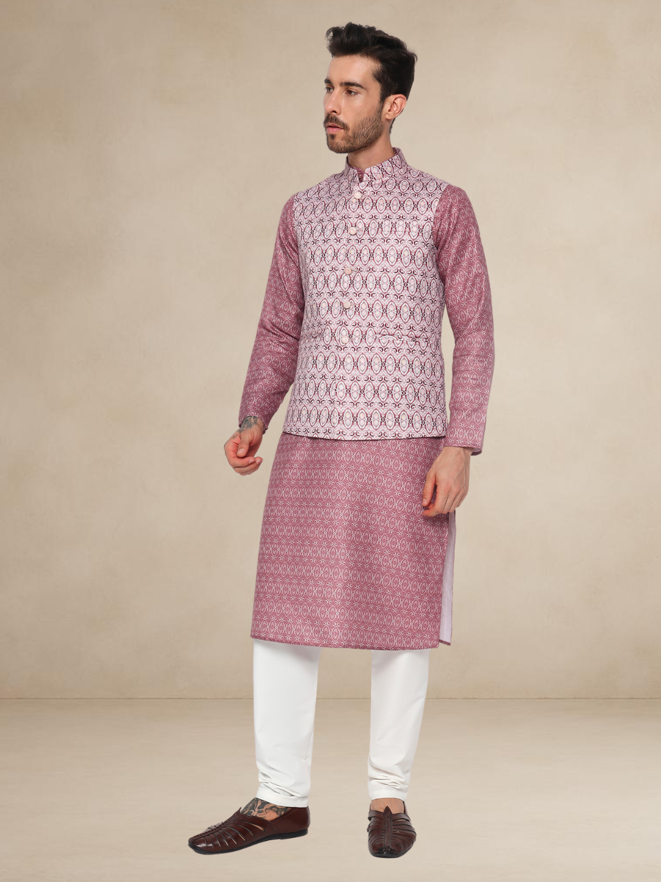 Wine Kurta Pyjama Set with Printed Nehru Jacket