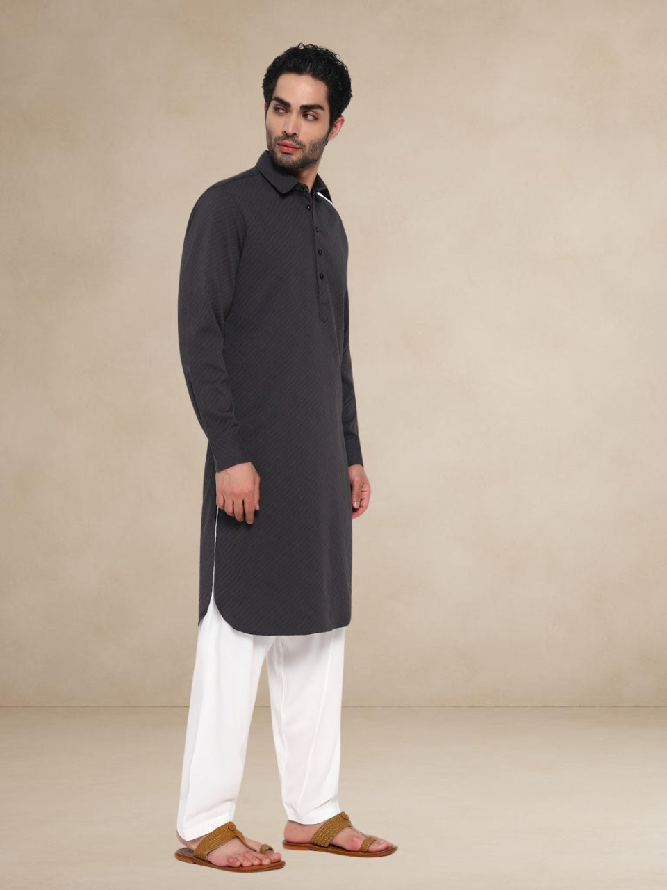 Charcoal Grey Textured Button-Up Pathani Suit
