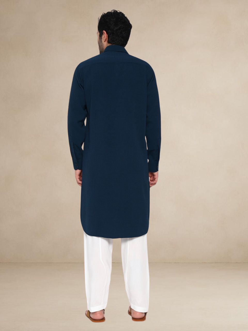 Teal Textured Button-Up Pathani Suit