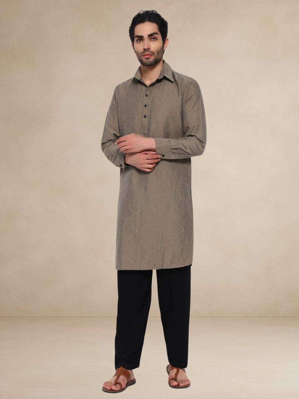 Taupe Abstract-Embroidered Popover Pathani Suit