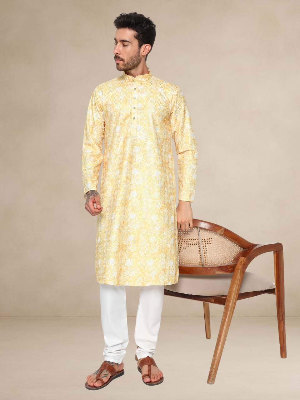 Printed Haldi Kurta Pyjama Set for Men Yellow