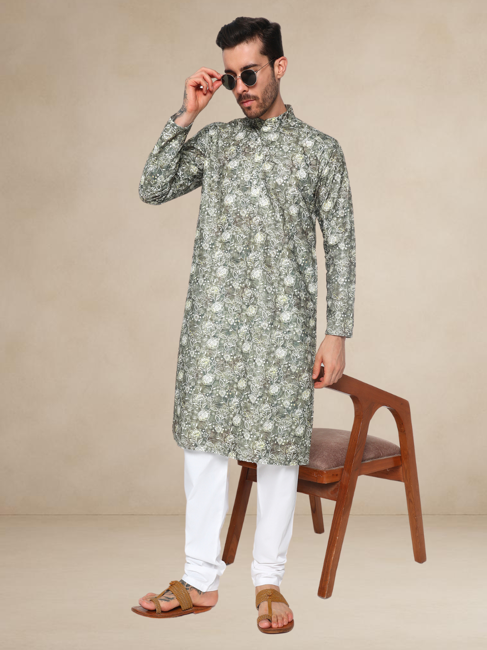 Olive Green Floral Kurta Pyjama Set Floral