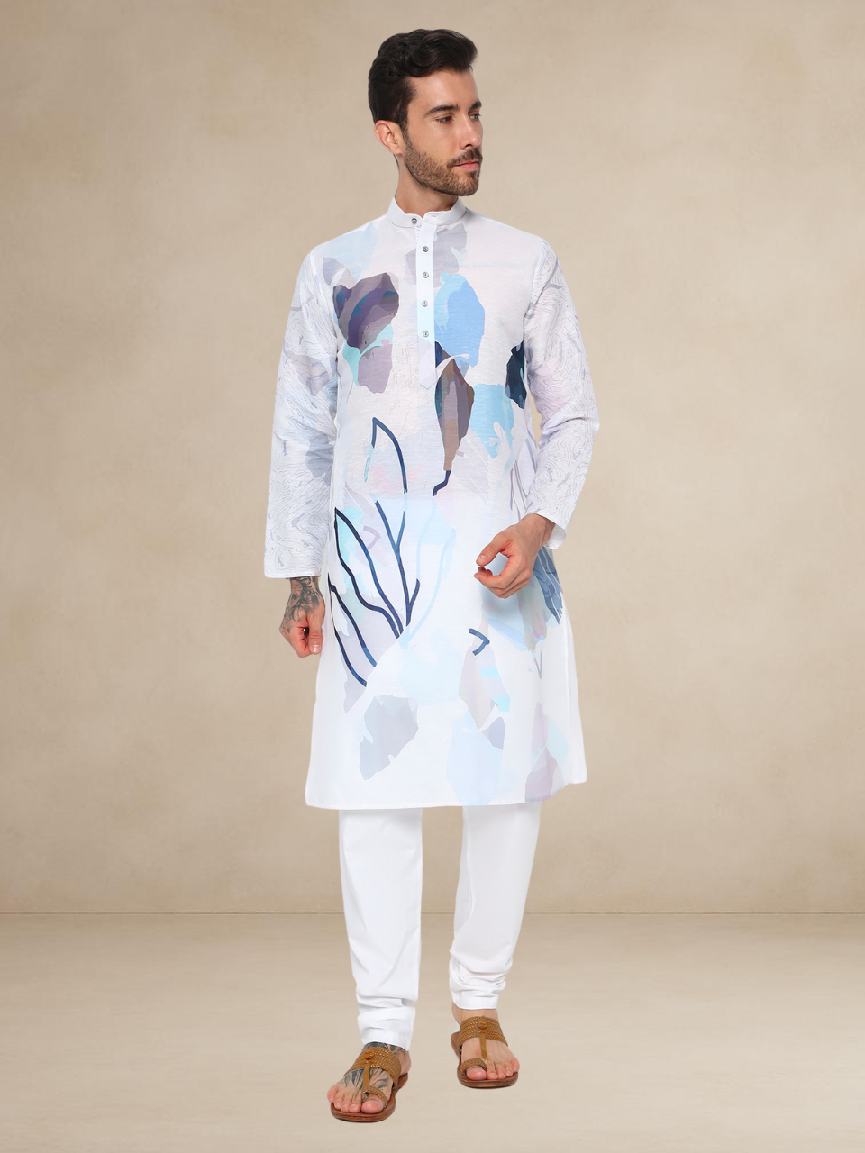 Printed Kurta Pyjama Set for Men Floral Design