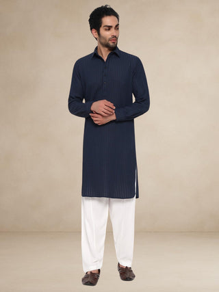 Waffle Textured Pathani Suit - Navy Blue