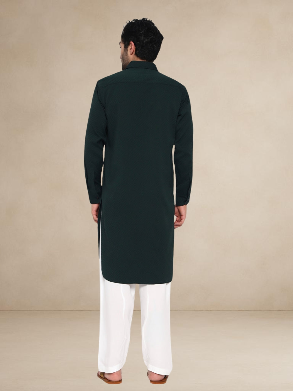 Dark Green Textured Button-Up Pathani Suit
