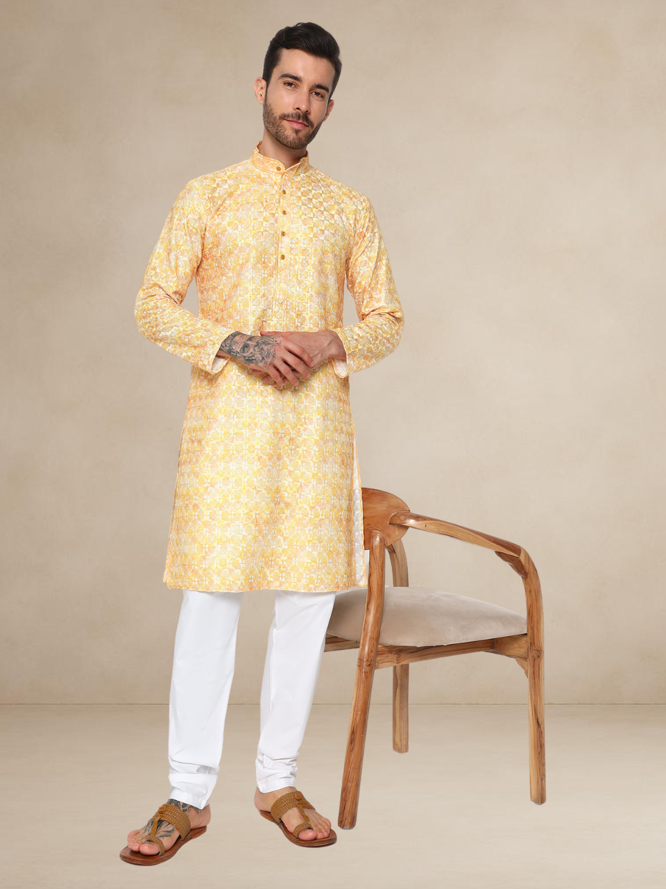 Printed Haldi Kurta Pyjama Set for Men Mustard 2XL