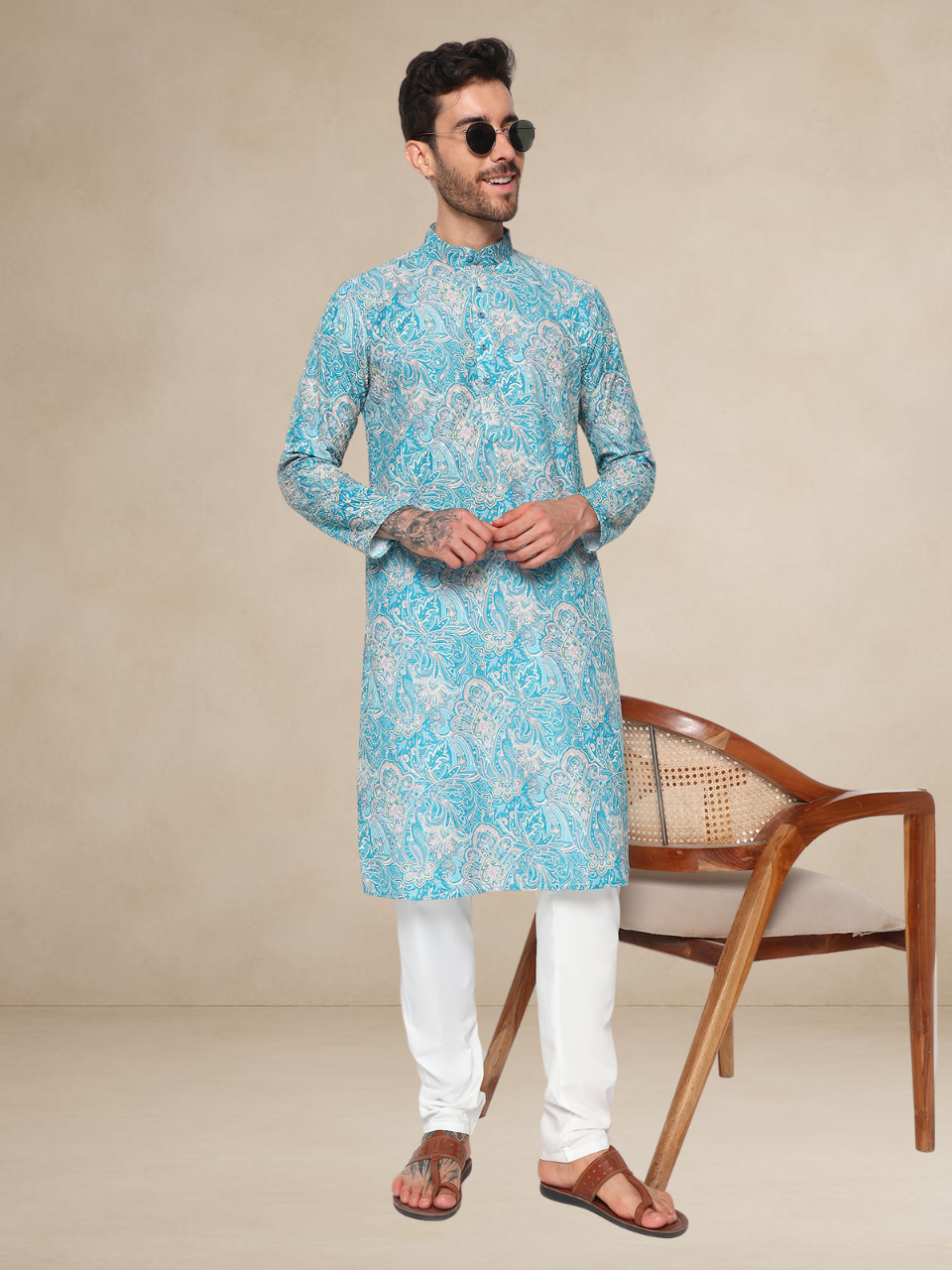 Floral Printed Kurta Pyjama Set Sky Blue