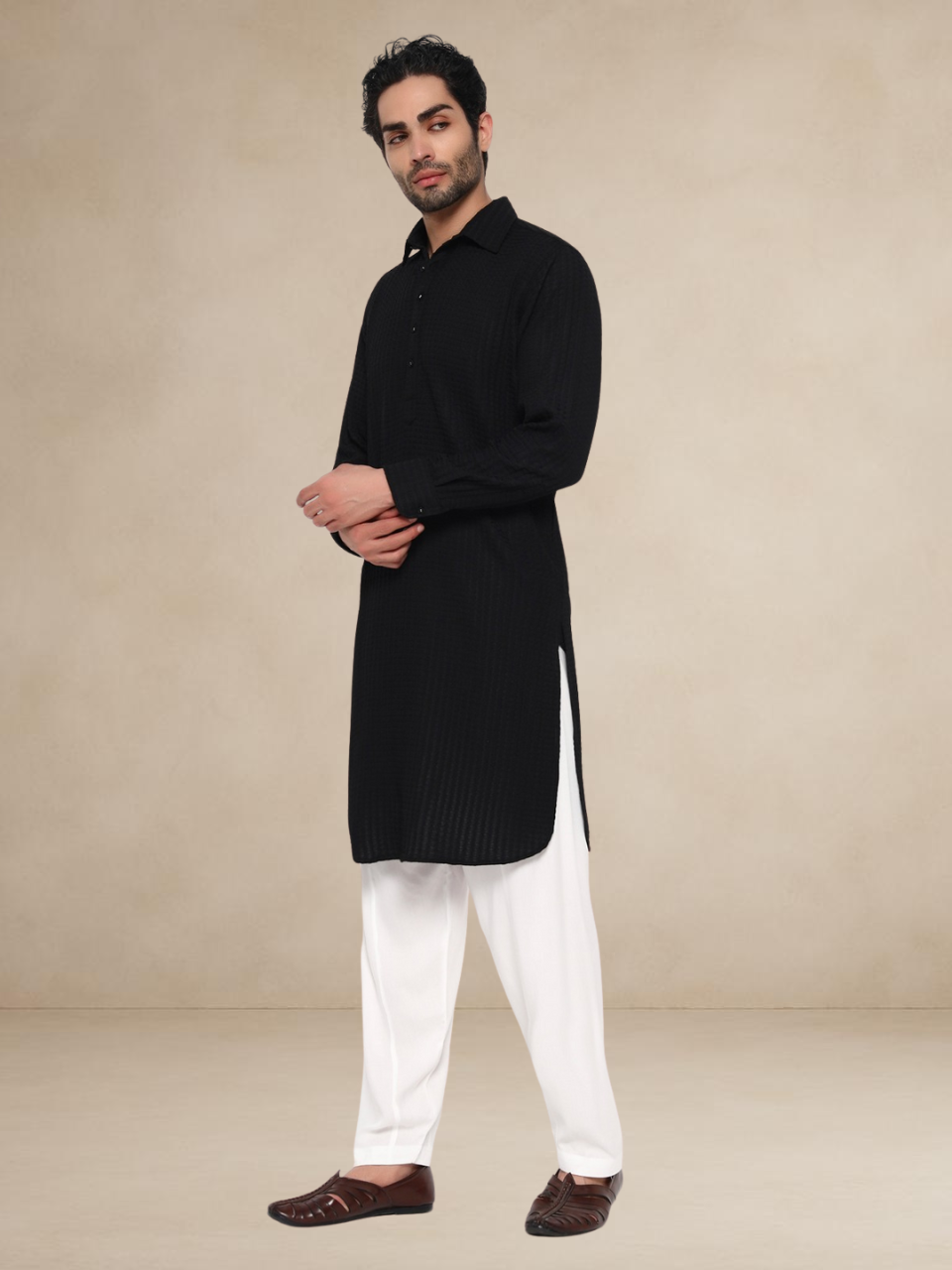 Black Waffle-Textured Button-Up Pathani Suit