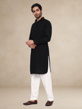 Black Waffle-Textured Button-Up Pathani Suit