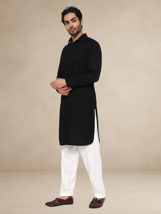 Waffle Textured Pathani Suit - Black