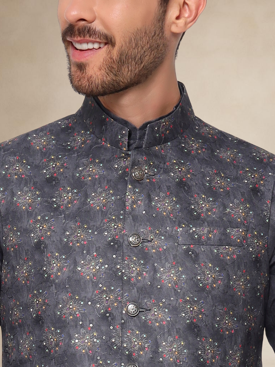 Charcoal Grey Kurta Pyjama with Printed Nehru Jacket