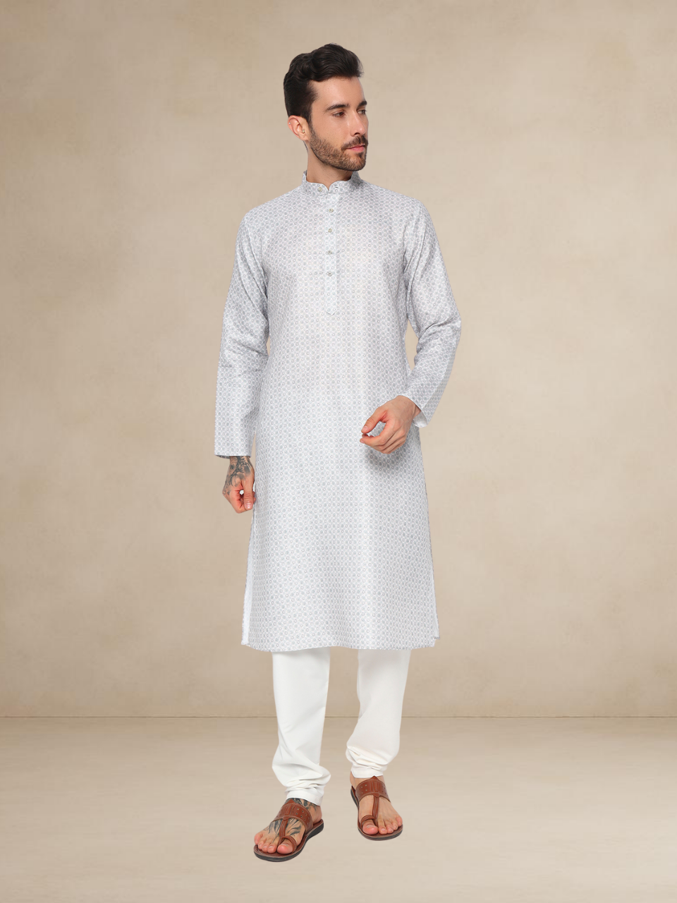 Mehndi Kurta Pyjama Set with Black & White Printed Nehru Jacket