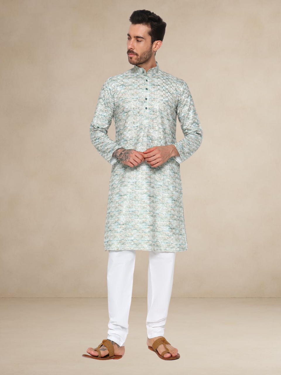 Haldi Printed Kurta Pyjama Set for Men Mint Green