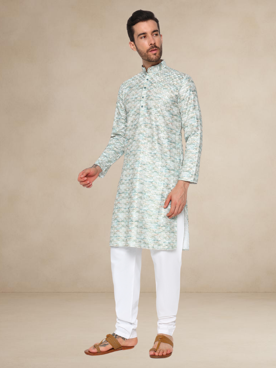 Haldi Printed Kurta Pyjama Set for Men Mint Green