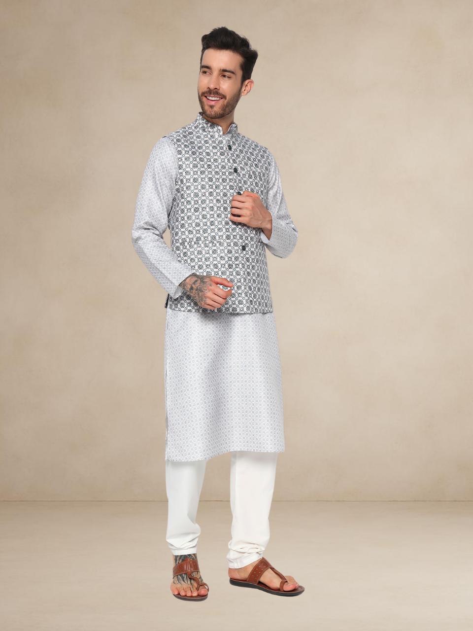 Mehndi Kurta Pyjama Set with Black & White Printed Nehru Jacket