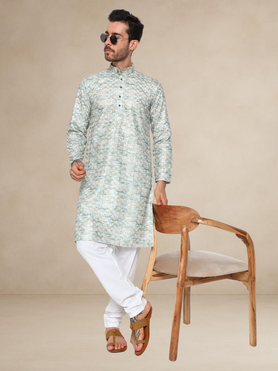 Haldi Printed Kurta Pyjama Set for Men Mint Green