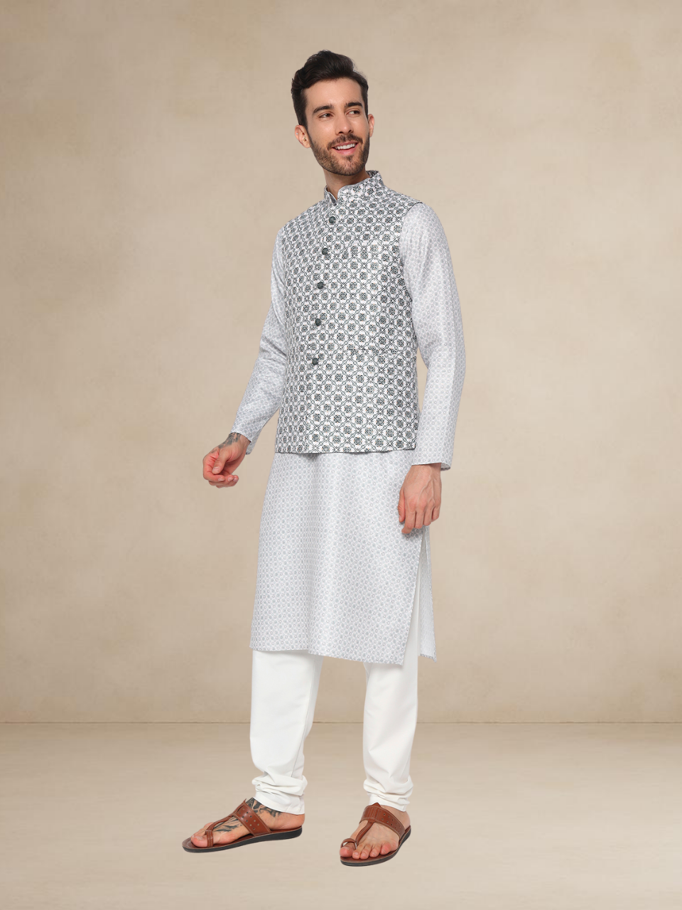 Mehndi Kurta Pyjama Set with Black & White Printed Nehru Jacket