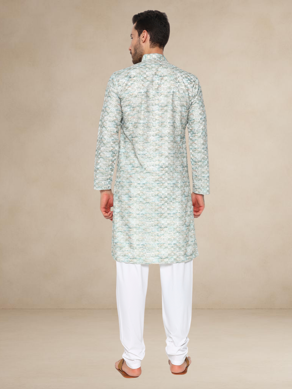 Haldi Printed Kurta Pyjama Set for Men Mint Green