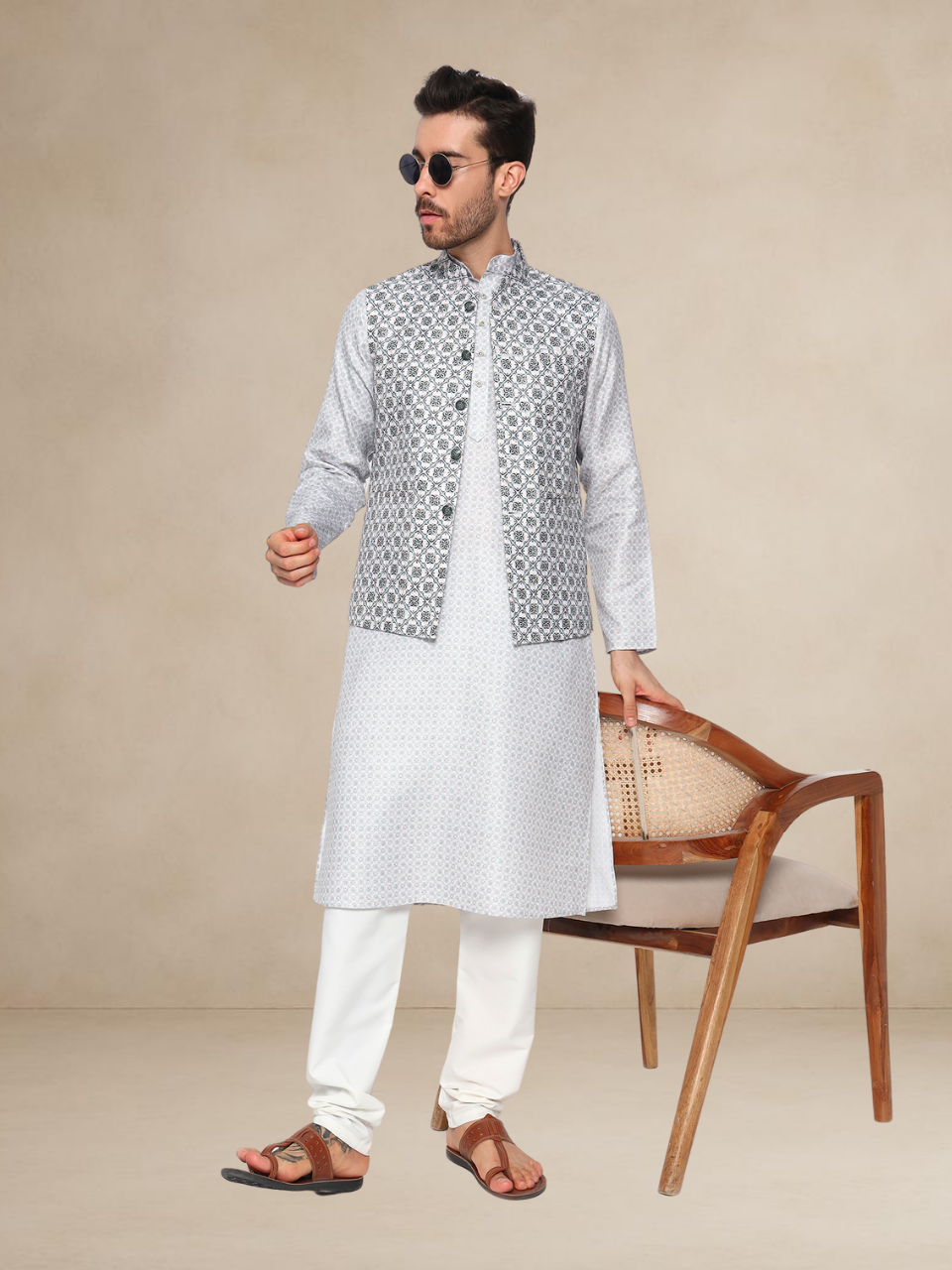 Mehndi Kurta Pyjama Set with Black & White Printed Nehru Jacket