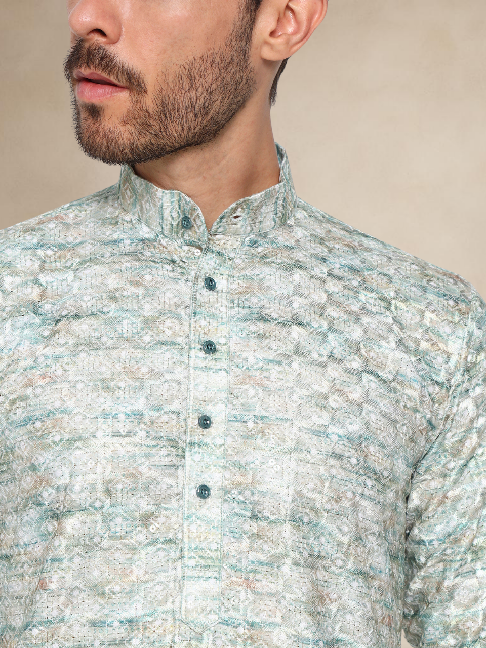Haldi Printed Kurta Pyjama Set for Men Mint Green