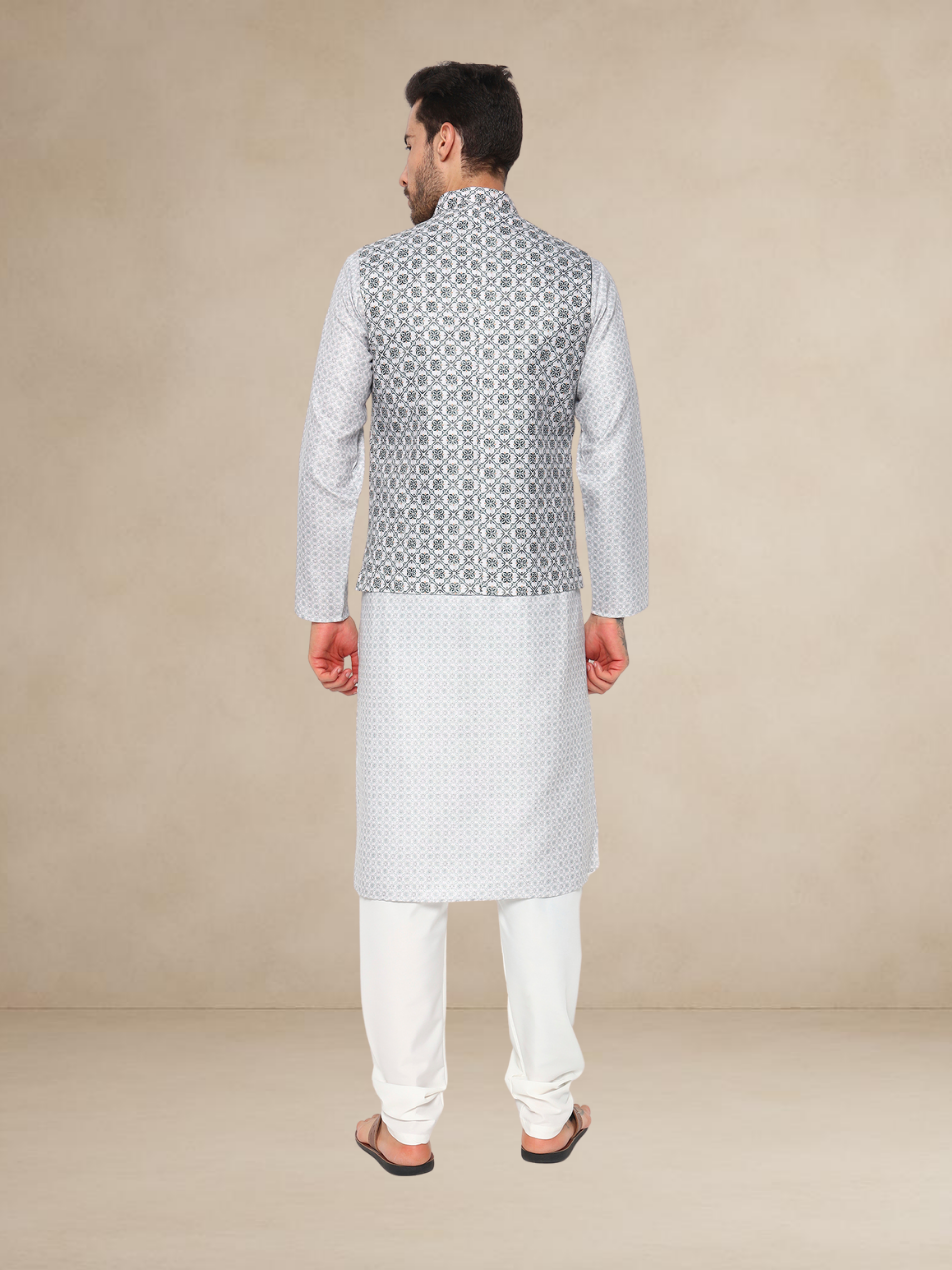 Mehndi Kurta Pyjama Set with Black & White Printed Nehru Jacket