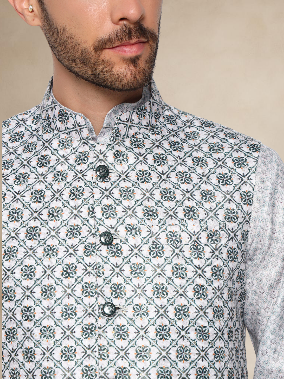 Mehndi Kurta Pyjama Set with Black & White Printed Nehru Jacket