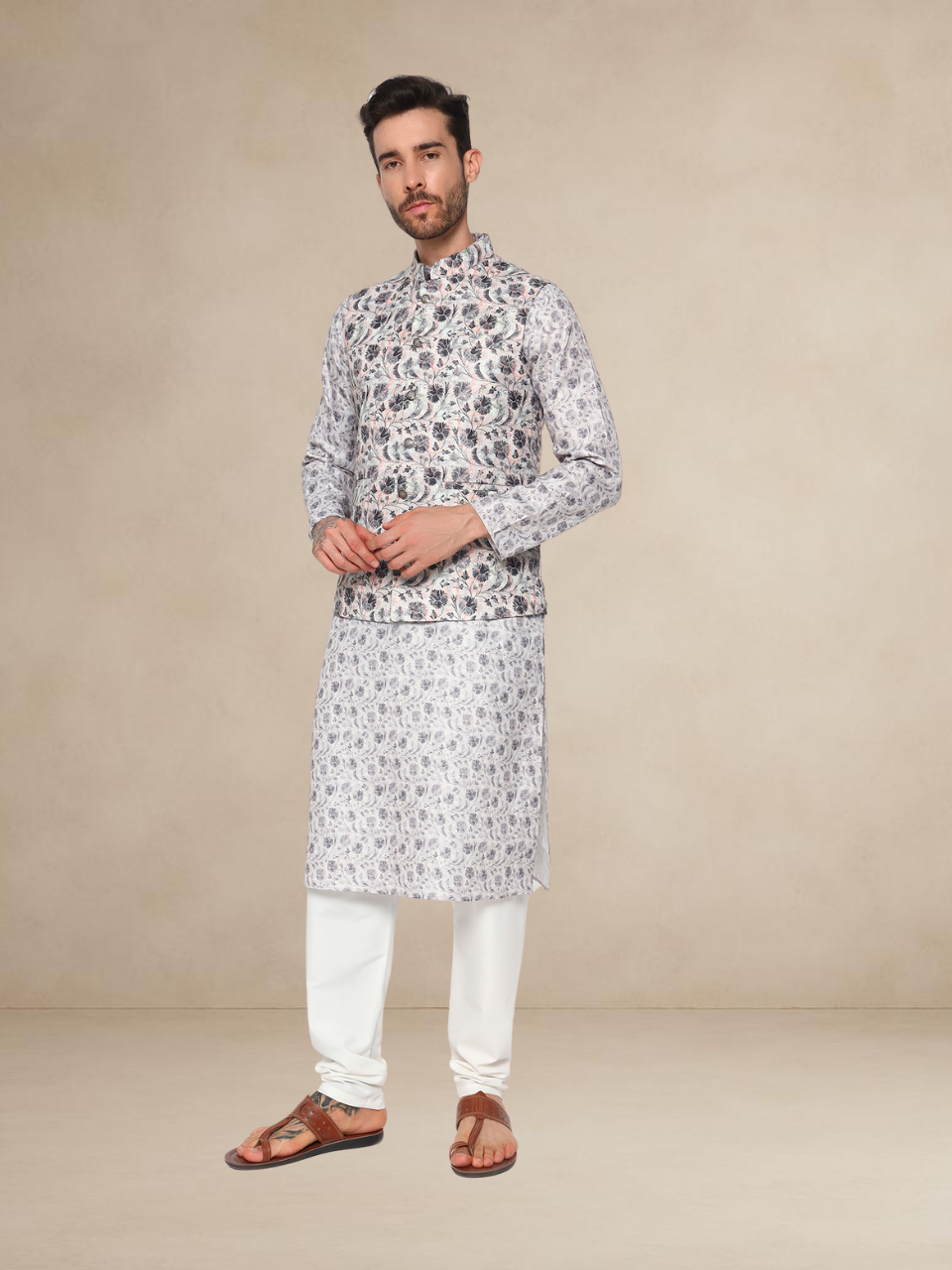 Anthra Colour Printed Kurta Pyjama with Matching Nehru Jacket
