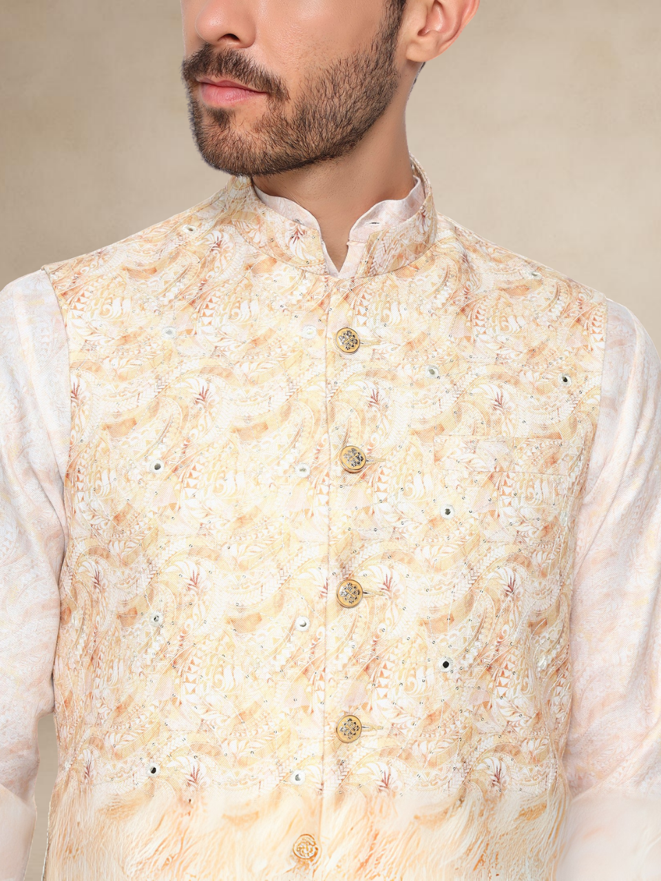 Ivory Kurta Pyjama with Mustard Nehru Jacket