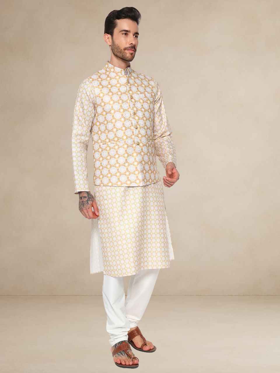 Ivory Gold Printed Kurta Pyjama Set with Nehru Jacket