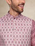 Wine Kurta Pyjama Set with Printed Nehru Jacket