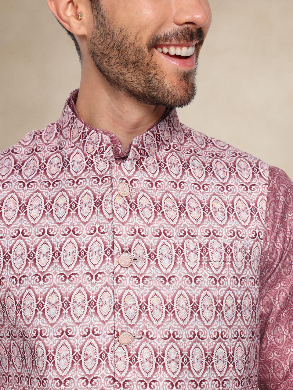 Wine Kurta Pyjama Set with Printed Nehru Jacket