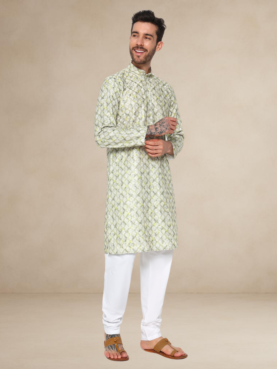 Olive Green Printed Kurta Pyjama Set for Men Olive
