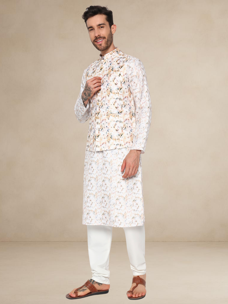 Ivory Printed Kurta Pyjama with Nehru Jacket