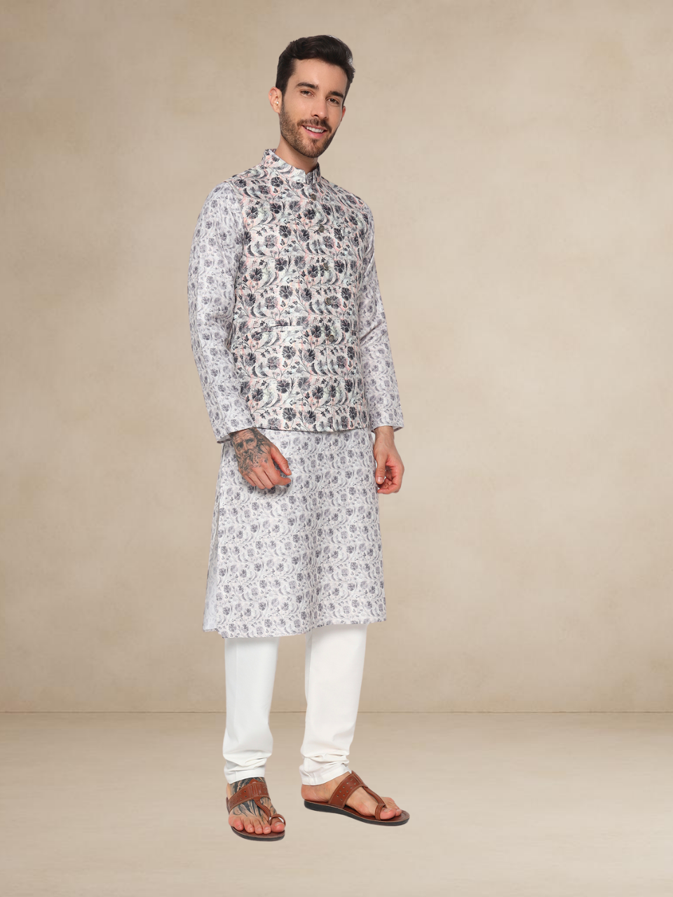 Anthra Colour Printed Kurta Pyjama with Matching Nehru Jacket