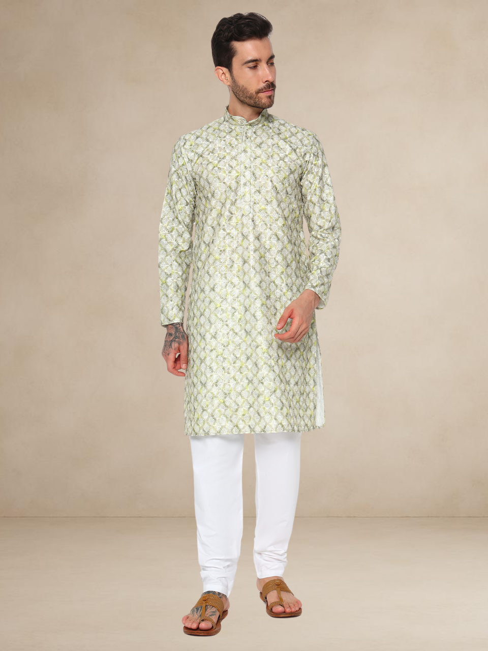 Olive Green Printed Kurta Pyjama Set for Men Olive