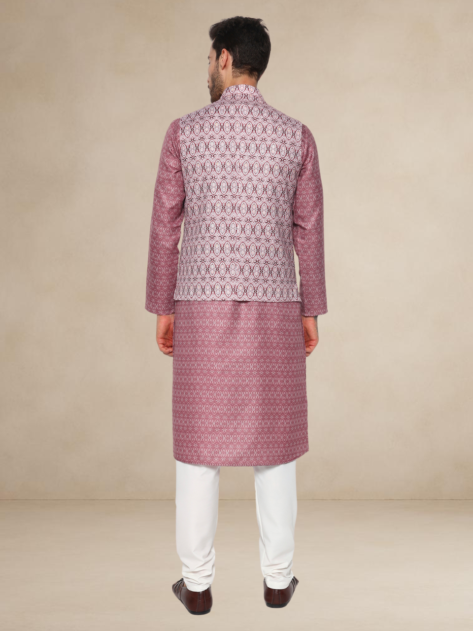 Wine Kurta Pyjama Set with Printed Nehru Jacket
