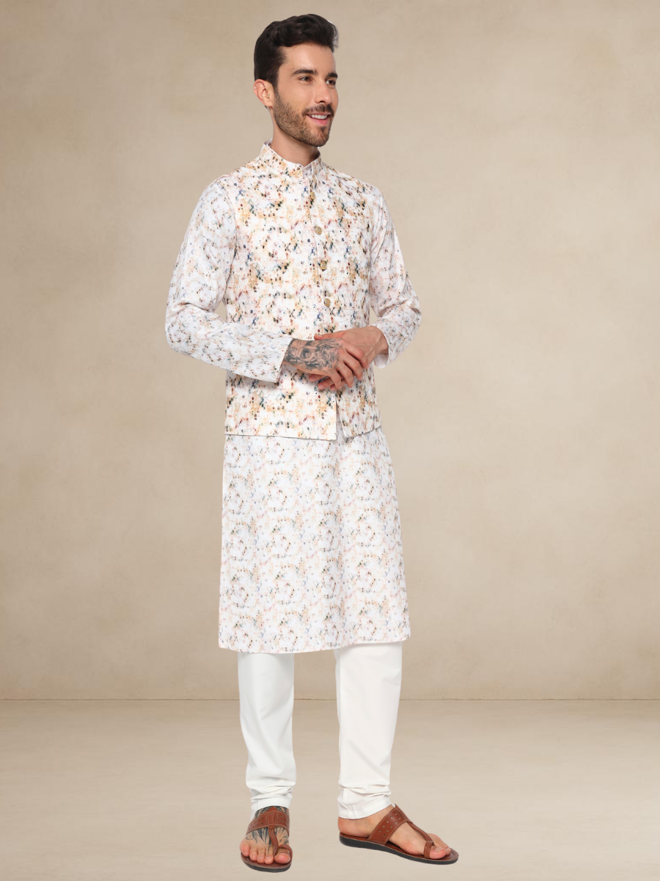 Ivory Printed Kurta Pyjama with Nehru Jacket