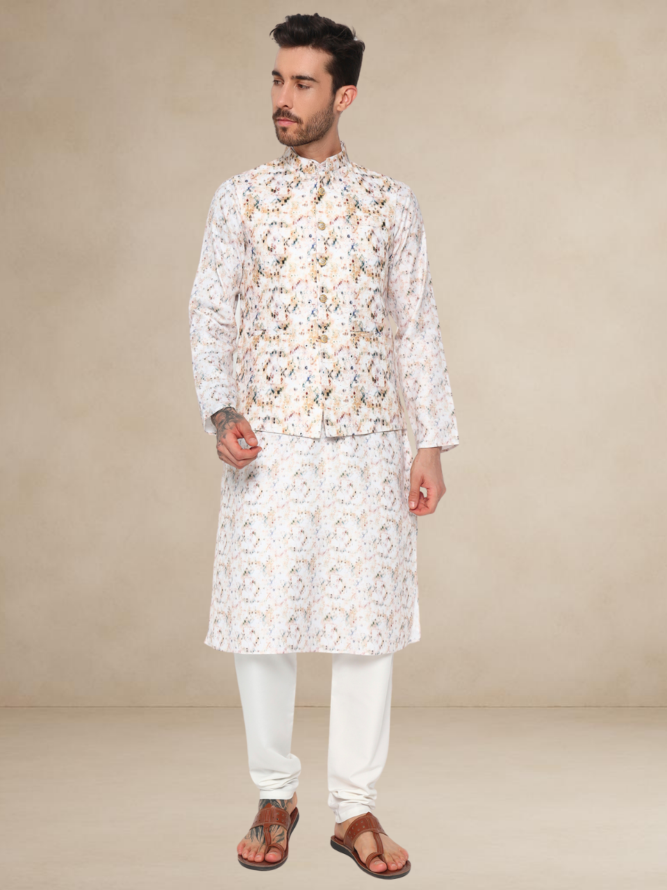 Ivory Printed Kurta Pyjama with Nehru Jacket