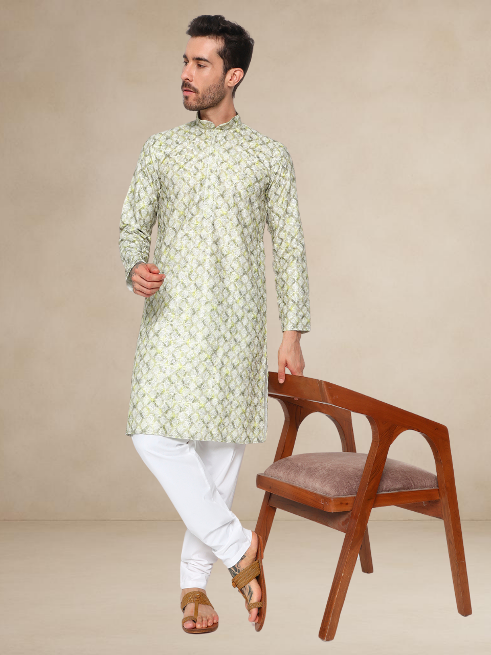Olive Green Printed Kurta Pyjama Set for Men Olive