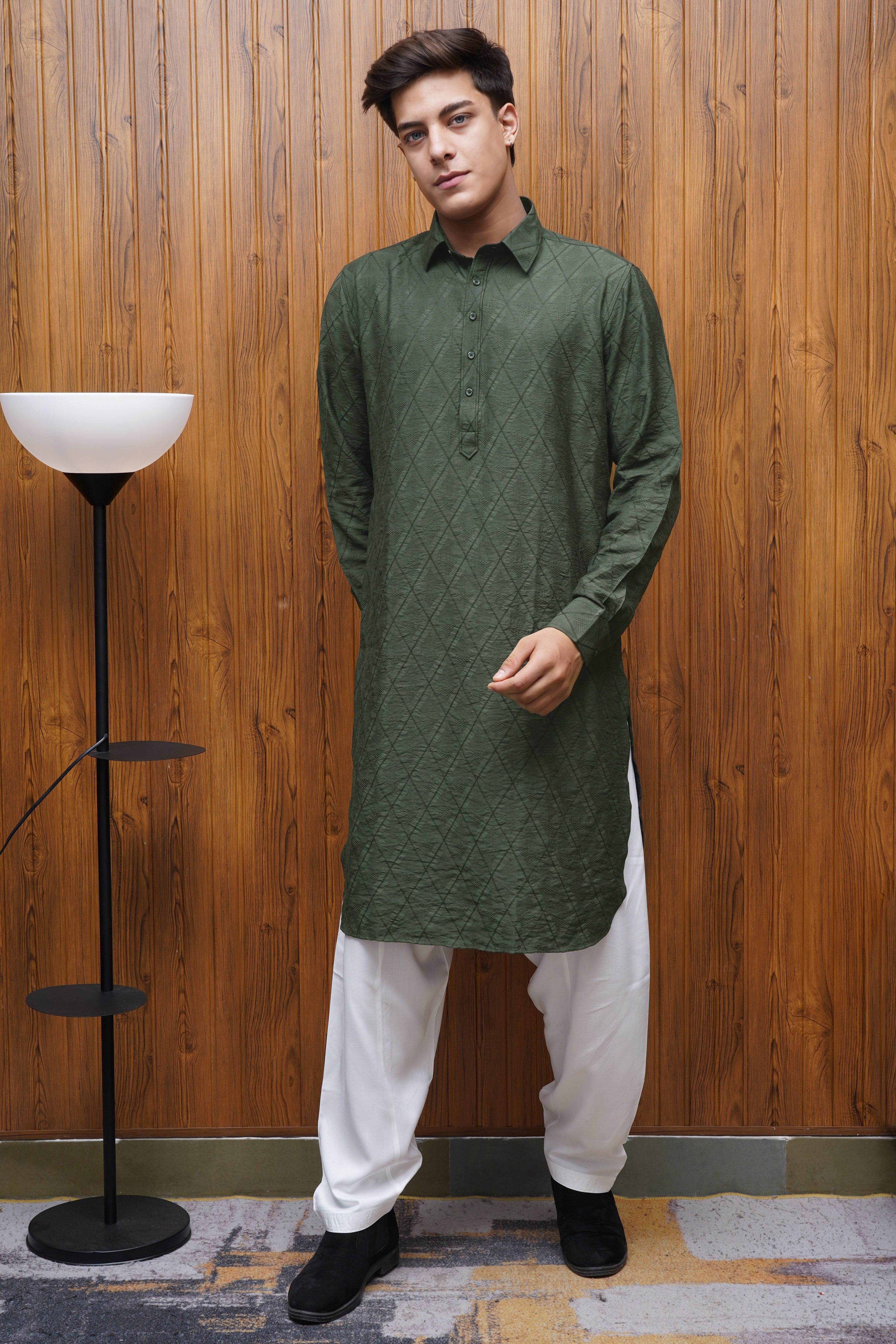 Bettino Men's Pathani Suit- Quilted Dark Green Quilted