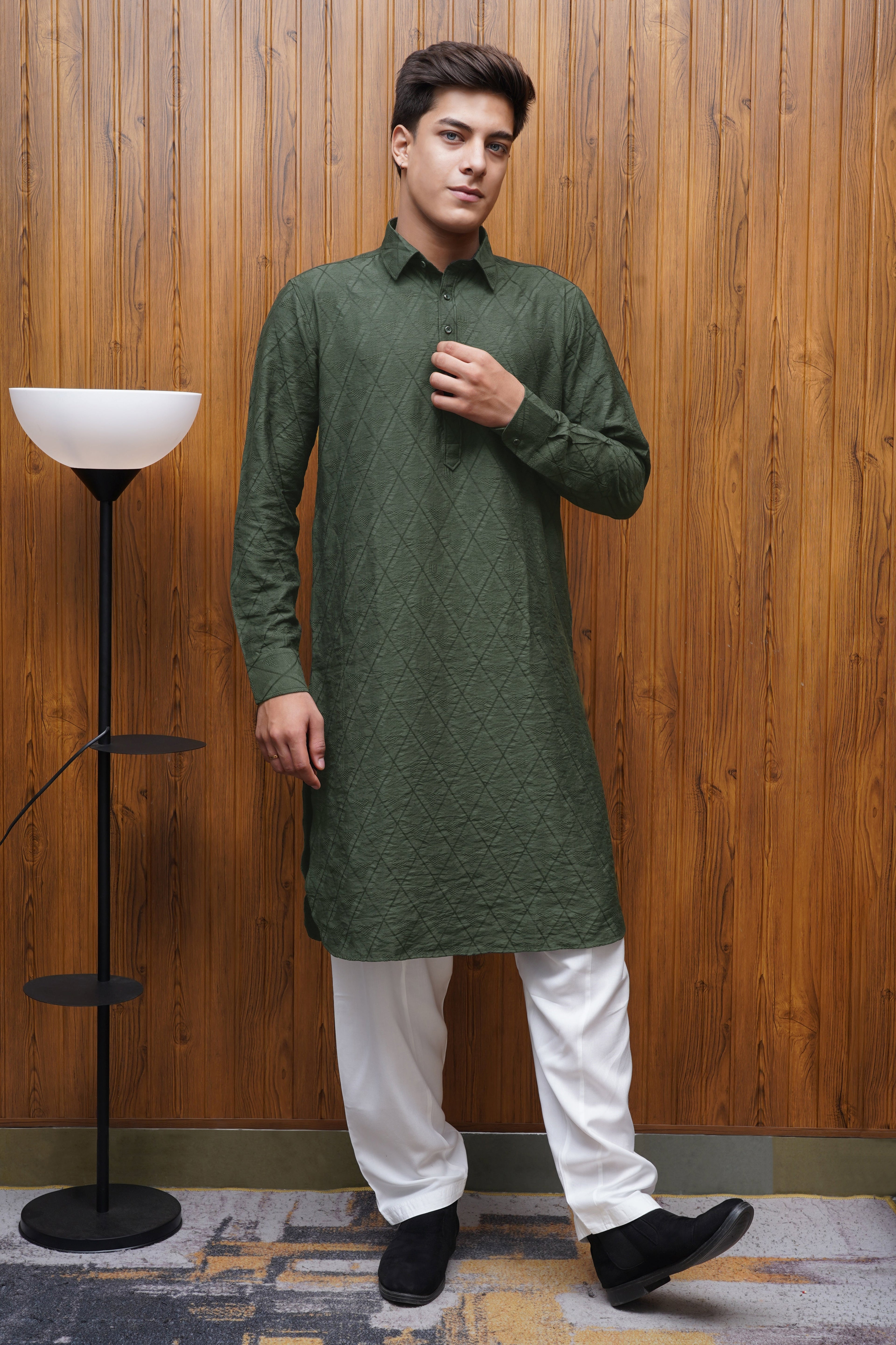 Bettino Men's Pathani Suit- Quilted Dark Green Quilted