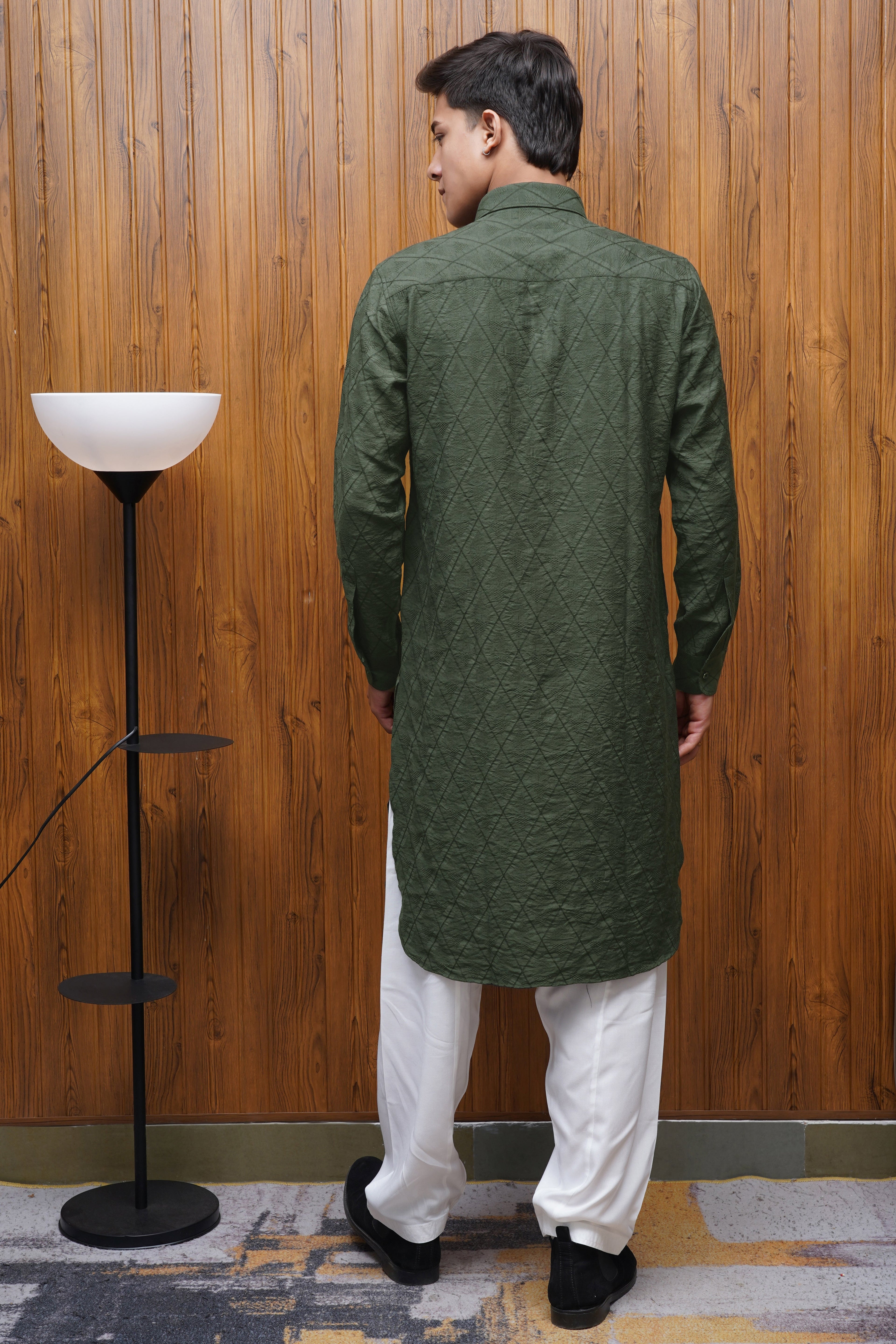 Bettino Men's Pathani Suit- Quilted Dark Green Quilted