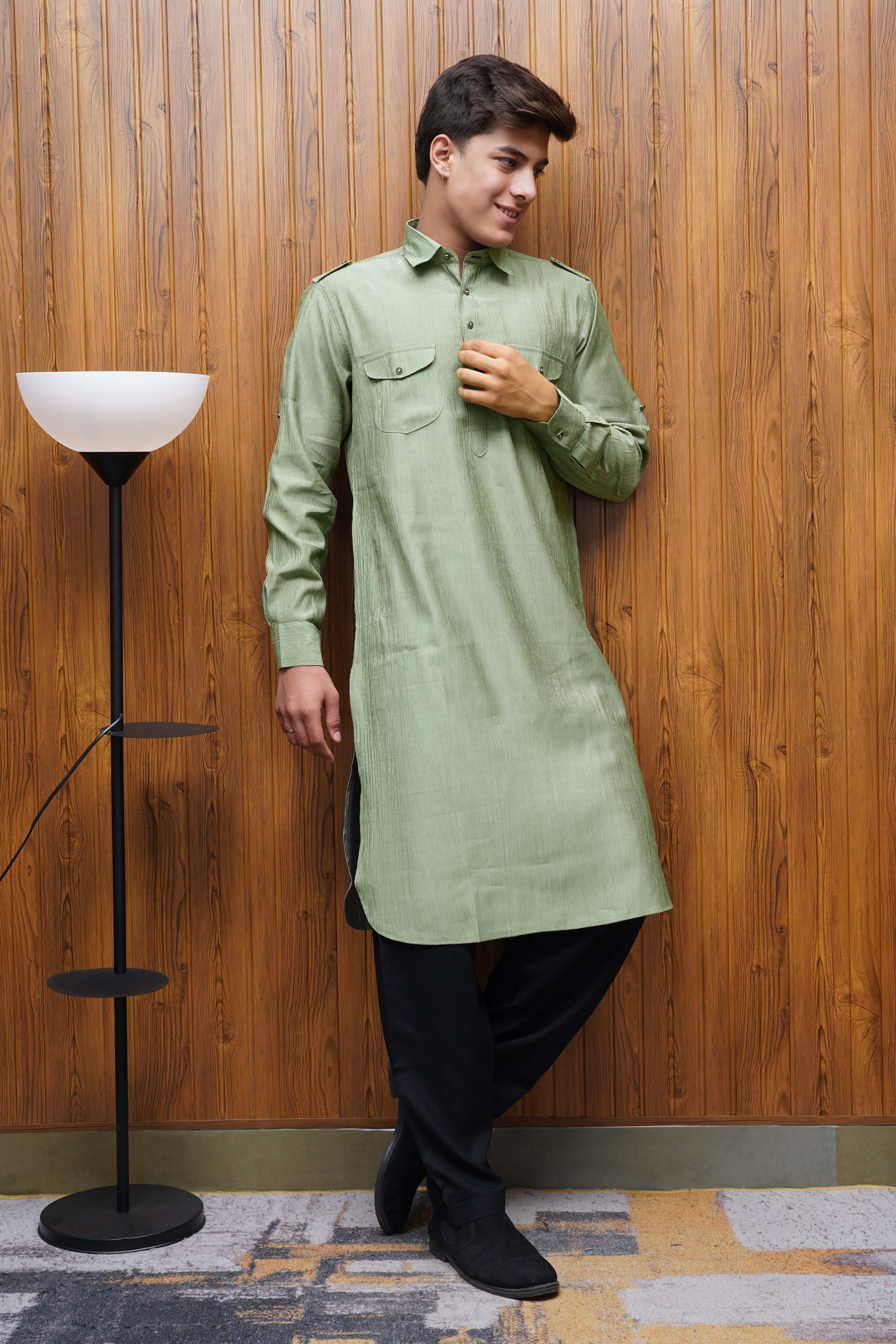 Bettino Men's Pathani Suit With Salwar Sage Green
