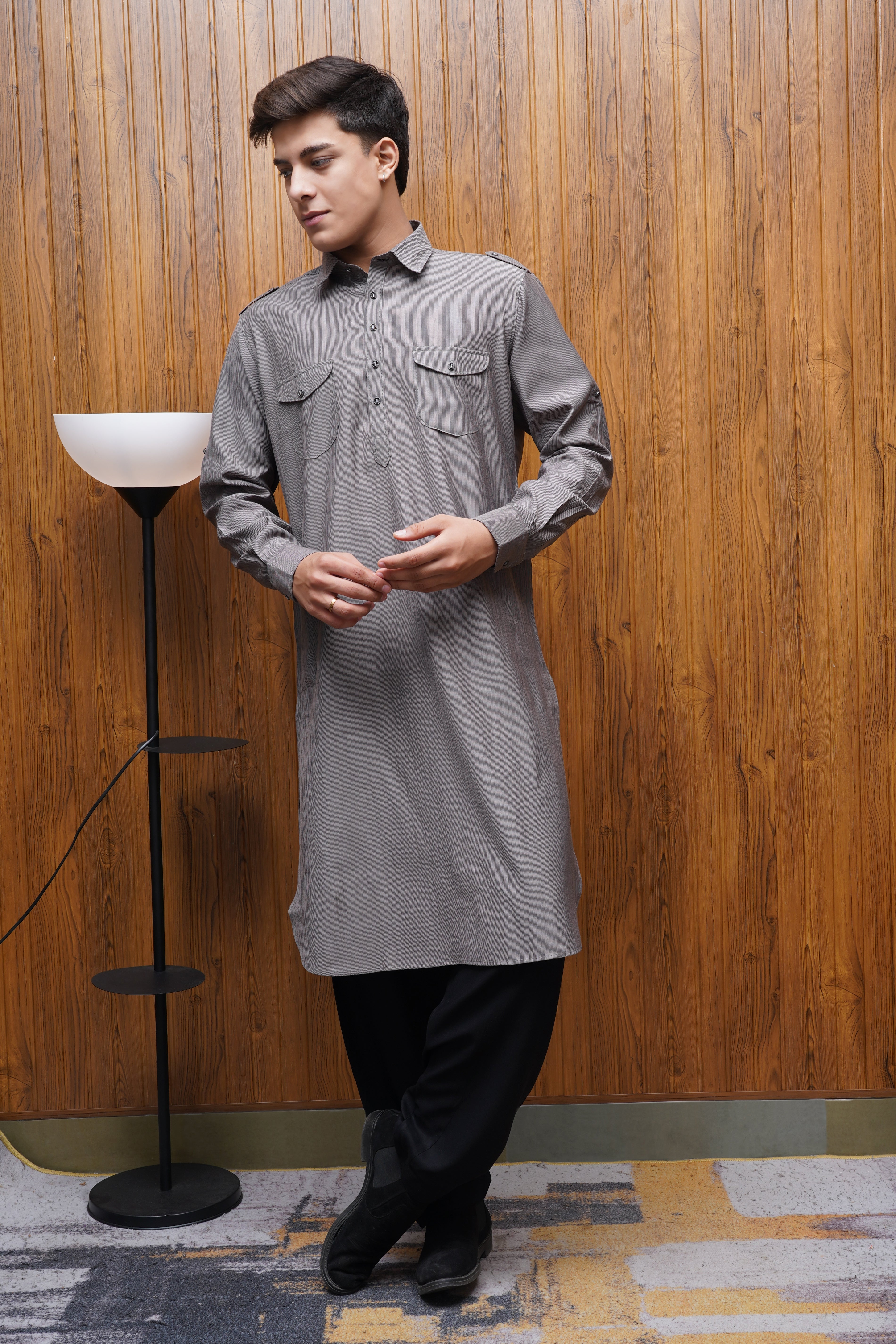 Bettino Men's Pathani Suit With Salwar Textured Gray
